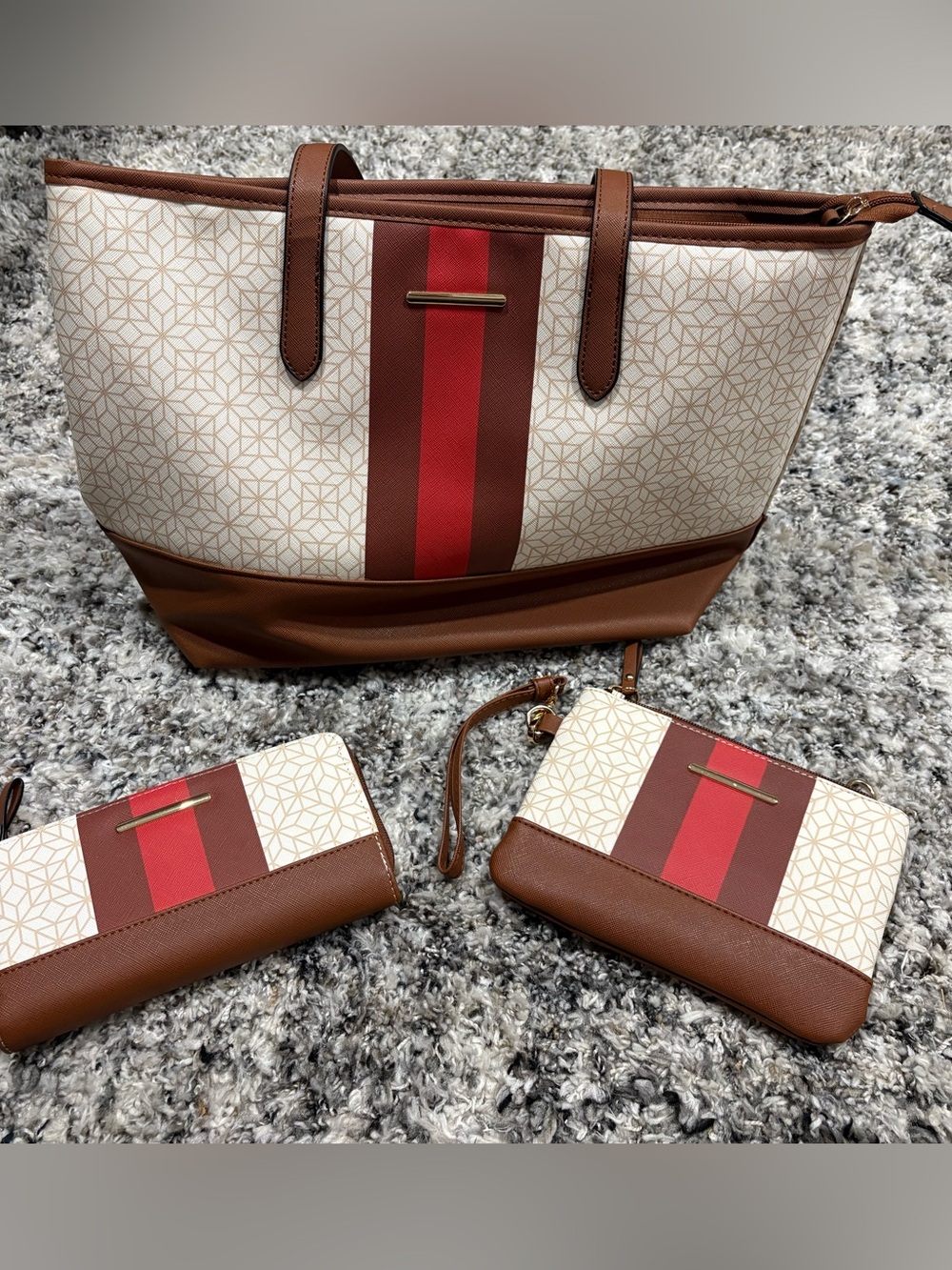 Brown and Red Stripe Tote Bag with Matching Wallets
